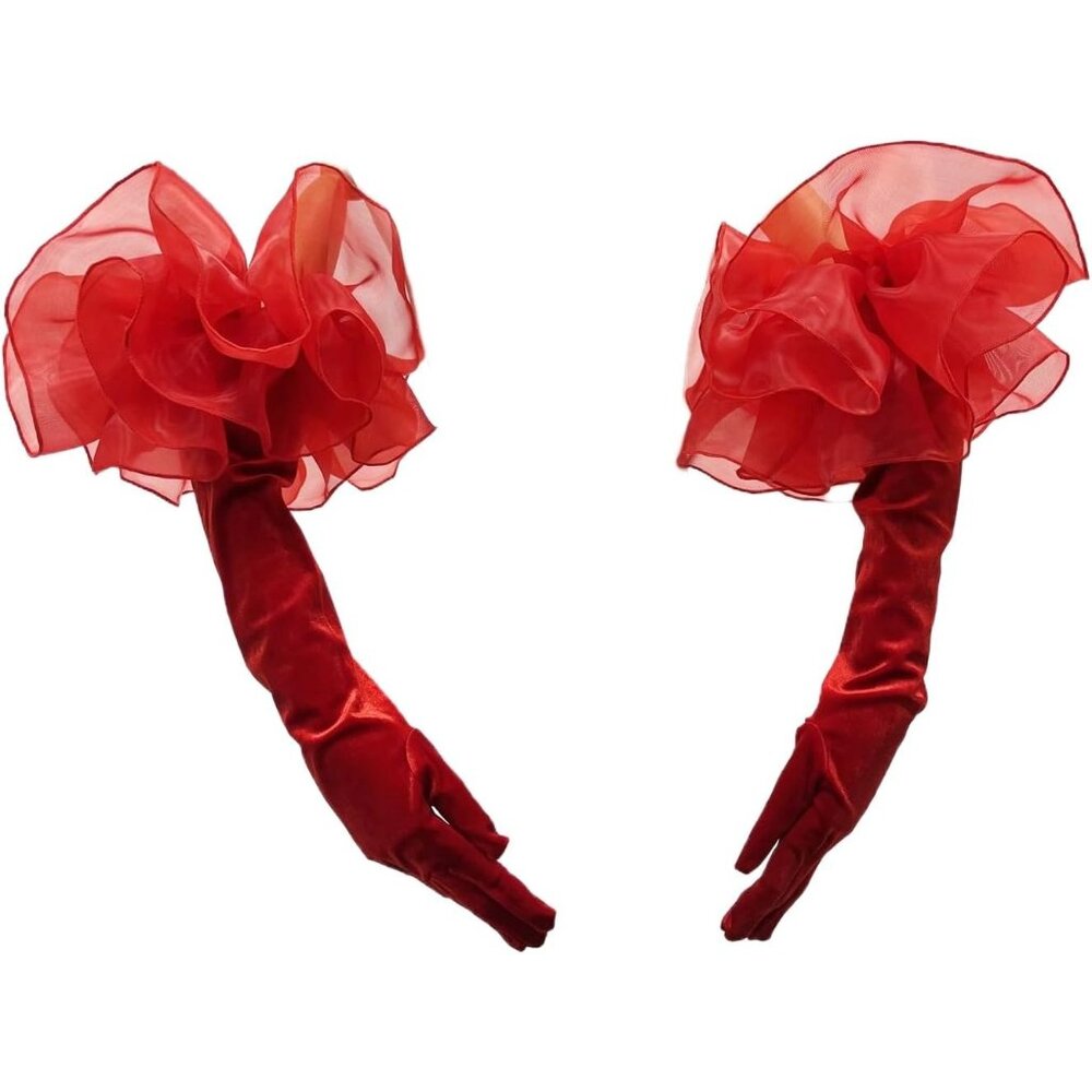 Women's Ruffle Red Tulle Trim Mesh Long Gloves Wedding Opera Party Prom